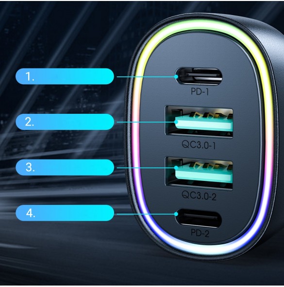 Joyroom billaddare 70W med 4 portar: 2 x USB C, 2 x USB svart (JR-CL29)