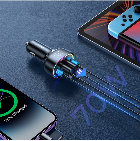Joyroom billaddare 70W med 4 portar: 2 x USB C, 2 x USB svart (JR-CL29)