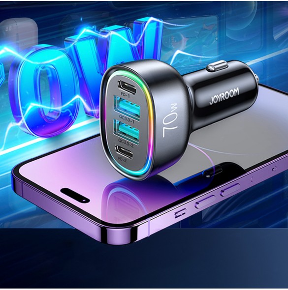 Joyroom billaddare 70W med 4 portar: 2 x USB C, 2 x USB svart (JR-CL29)