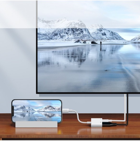 Joyroom-adapter Lightning (hane) till digital HDMI (hona) + Lightning (hona) FullHD 1080p 60Hz vit (S-H141 vit) adapter