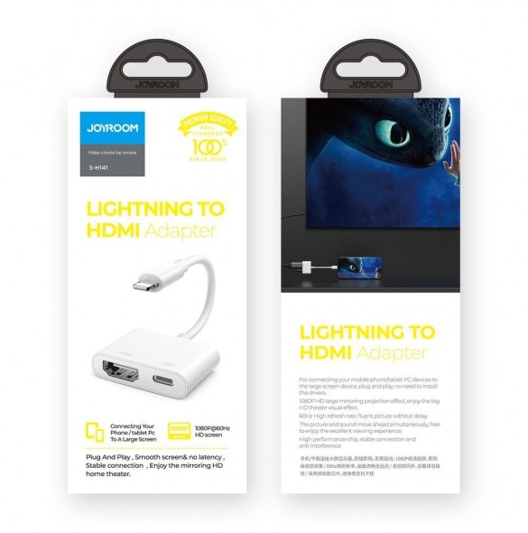Joyroom-adapter Lightning (hane) till digital HDMI (hona) + Lightning (hona) FullHD 1080p 60Hz vit (S-H141 vit) adapter
