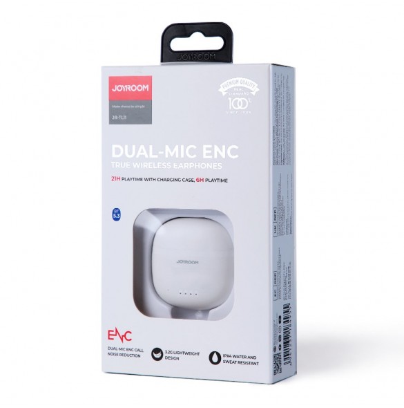 Joyroom TWS hörlurar trådlös ENC vattentät IPX4 Bluetooth 5.3 vit (JR-TL11)