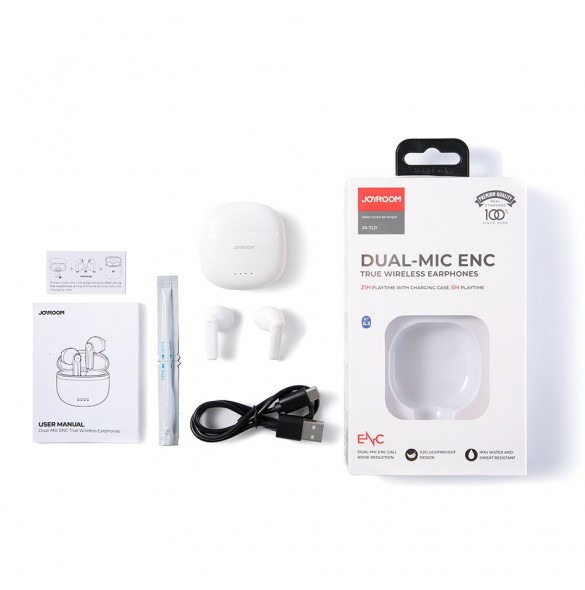 Joyroom TWS hörlurar trådlös ENC vattentät IPX4 Bluetooth 5.3 vit (JR-TL11)