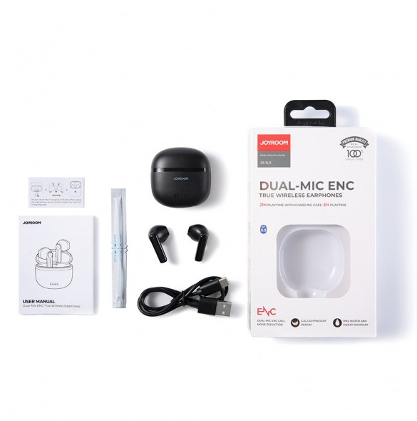 Joyroom hörlurar TWS trådlös ENC vattentät IPX4 Bluetooth 5.3 svart (JR-TL11)