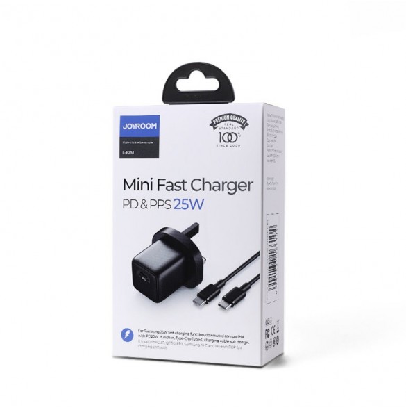 Joyroom liten snabbladdare USB Typ C PD 25W UK-kontakt svart + USB Typ C - USB Typ C-kabel (L-P251)
