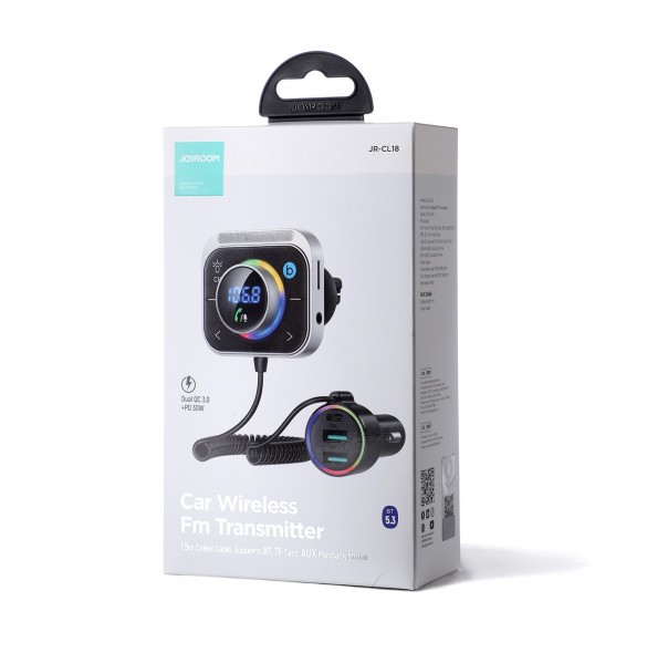 Joyroom FM-sändare / snabb billaddare 30W (2xUSB-A / USB-C PD) svart (JR-CL18)