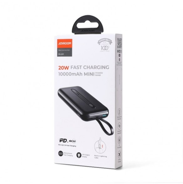 Joyroom Linglong powerbank 10000mAh 20W Strömförsörjning Snabbladdning USB / USB Typ C / inbyggd USB Type C-kabel svart JR-L001