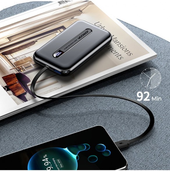 Joyroom Linglong powerbank 10000mAh 20W Strömförsörjning Snabbladdning USB / USB Typ C / inbyggd USB Type C-kabel svart JR-L001