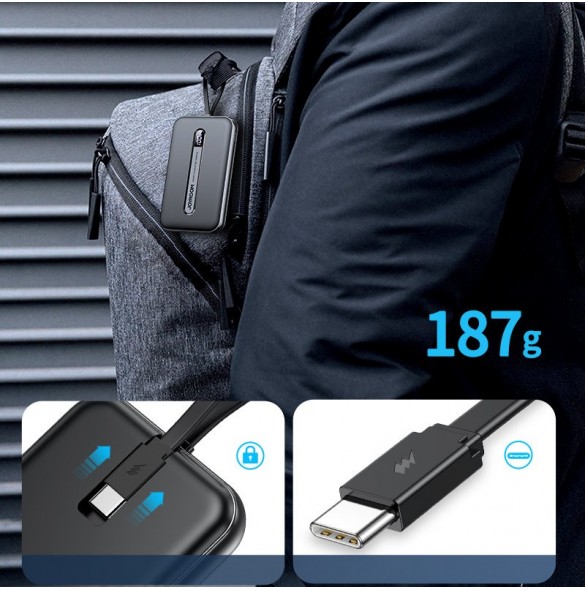 Joyroom Linglong powerbank 10000mAh 20W Strömförsörjning Snabbladdning USB / USB Typ C / inbyggd USB Type C-kabel svart JR-L001