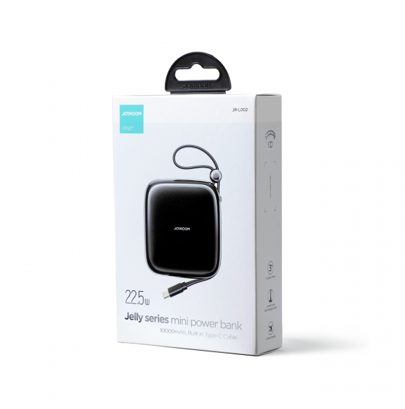 Joyroom powerbank 10000mAh Jelly Series 22,5W med inbyggd USB C-kabel svart (JR-L002)