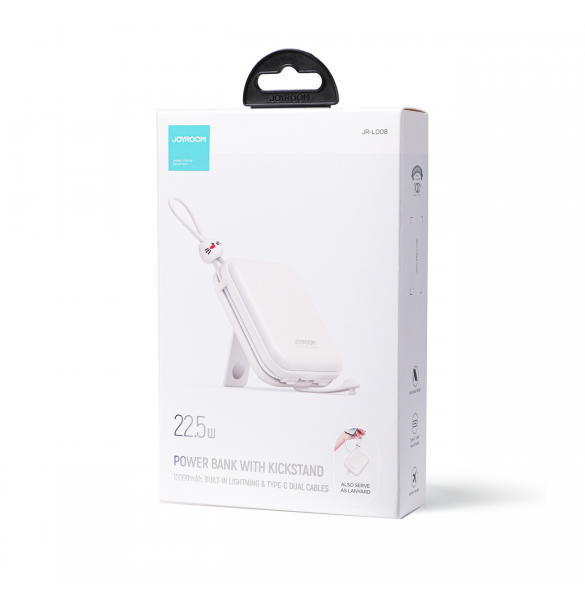 Joyroom powerbank med USB C och Lightning-kablar och stativ Cutie Series 10000mAh 22,5W vit (JR-L008)