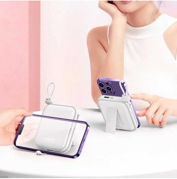 Joyroom powerbank med USB C och Lightning-kablar och stativ Cutie Series 10000mAh 22,5W vit (JR-L008)