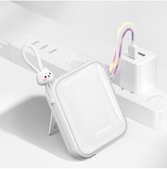 Joyroom powerbank med USB C och Lightning-kablar och stativ Cutie Series 10000mAh 22,5W vit (JR-L008)