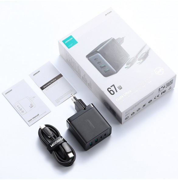 Joyroom laddare GaN 67W 4 portar (2x USB, 2x USB C) svart (TCG02) + kabel USB C - USB C 100W 1,2m