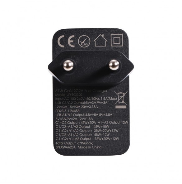 Joyroom laddare GaN 67W 4 portar (2x USB, 2x USB C) svart (TCG02) + kabel USB C - USB C 100W 1,2m