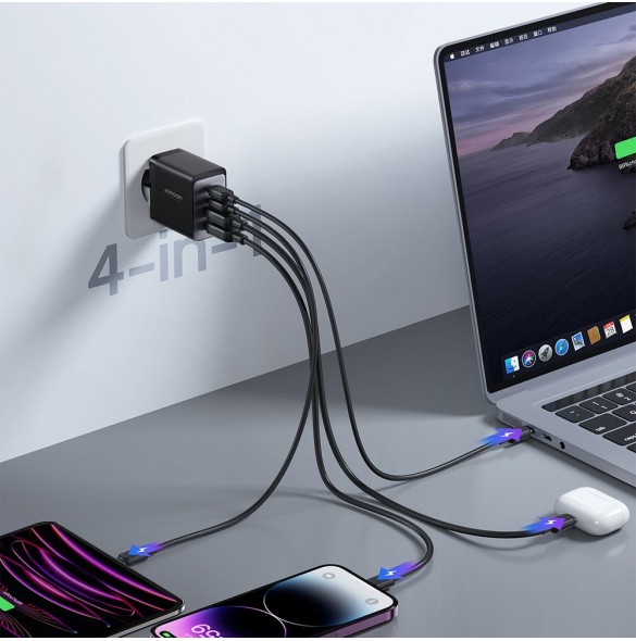 Joyroom laddare GaN 67W 4 portar (2x USB, 2x USB C) svart (TCG02) + kabel USB C - USB C 100W 1,2m