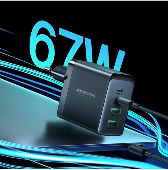 Joyroom laddare GaN 67W 4 portar (2x USB, 2x USB C) svart (TCG02) + kabel USB C - USB C 100W 1,2m