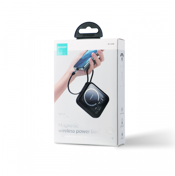 Joyroom induktionsströmbank 10000mAh Icy Series 22,5W med inbyggd USB C-kabel svart (JR-L006)