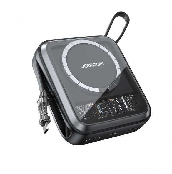Joyroom induktionsströmbank 10000mAh Icy Series 22,5W med inbyggd USB C-kabel svart (JR-L006)