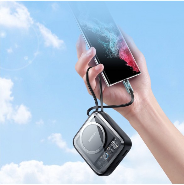 Joyroom induktionsströmbank 10000mAh Icy Series 22,5W med inbyggd USB C-kabel svart (JR-L006)