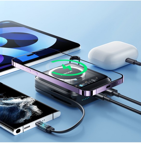 Joyroom induktionsströmbank 10000mAh Icy Series 22,5W med inbyggd USB C-kabel svart (JR-L006)