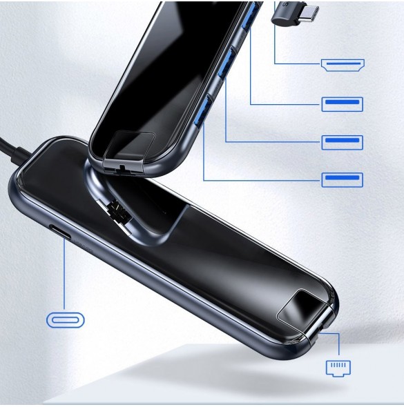 Baseus-adapter HUB USB Typ C till 3x USB 3.0 / HDMI 4K / RJ45 / USB Typ C PD-adapter för MacBook / PC grå (CAHUB-DZ0G)