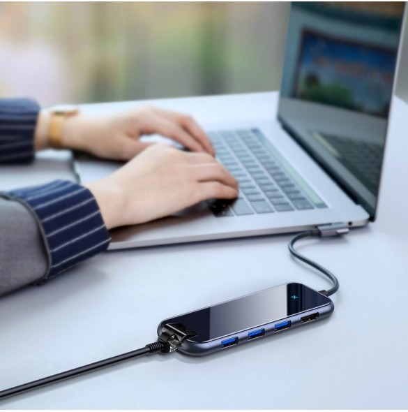 Baseus-adapter HUB USB Typ C till 3x USB 3.0 / HDMI 4K / RJ45 / USB Typ C PD-adapter för MacBook / PC grå (CAHUB-DZ0G)