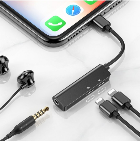 Baseus Audio Converter L52-adapter Lightning till 2x Lightning + minijack 3,5 mm svart (CALL52-01)