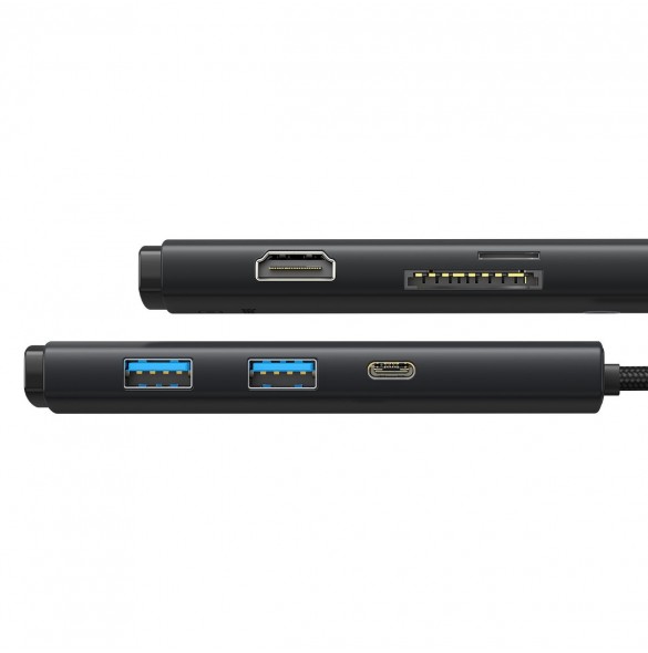 Baseus Lite-serien multifunktionell HUB USB Typ C - 2 x USB 3.0 / USB Typ C / HDMI 1,4 / SD / TF svart (WKQX050001)