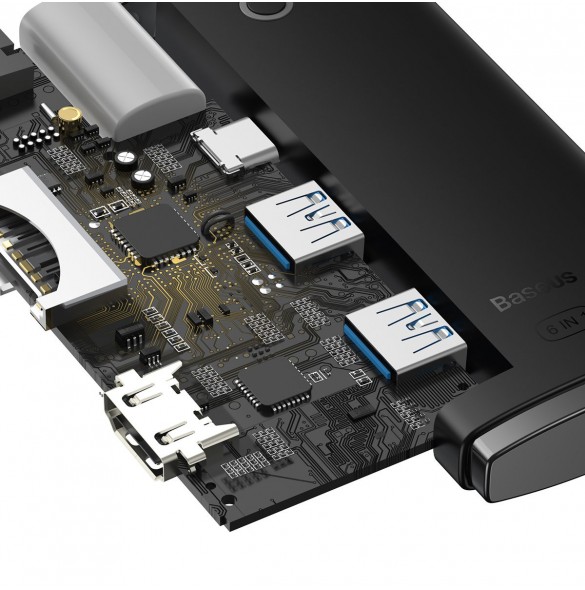 Baseus Lite-serien multifunktionell HUB USB Typ C - 2 x USB 3.0 / USB Typ C / HDMI 1,4 / SD / TF svart (WKQX050001)