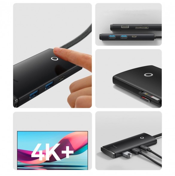 Baseus Lite-serien multifunktionell HUB USB Typ C - 2 x USB 3.0 / USB Typ C / HDMI 1,4 / SD / TF svart (WKQX050001)