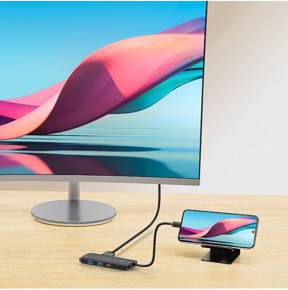 Baseus Lite-serien multifunktionell HUB USB Typ C - 2 x USB 3.0 / USB Typ C / HDMI 1,4 / SD / TF svart (WKQX050001)