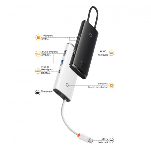 Baseus Lite-serien multifunktionell HUB USB Typ C - 2 x USB 3.0 / USB Typ C / HDMI 1,4 / SD / TF svart (WKQX050001)