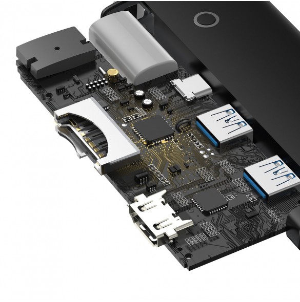 Baseus Lite-serien multifunktionell HUB USB Typ C - 2 x USB 3.0 / USB Typ C PD / HDMI 1,4 / SD / TF svart (WKQX050101)