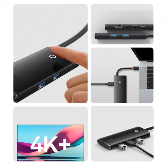 Baseus Lite-serien multifunktionell HUB USB Typ C - 2 x USB 3.0 / USB Typ C PD / HDMI 1,4 / SD / TF svart (WKQX050101)