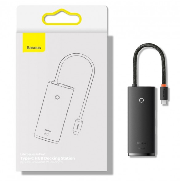 Baseus Lite-serien multifunktionell HUB USB Typ C - 2 x USB 3.0 / USB Typ C PD / HDMI 1,4 / SD / TF svart (WKQX050101)