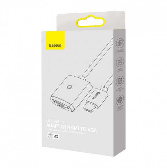 Baseus Lite Series pluggadapter HDMI till VGA + minijack 3,5 mm / micro USB strömförsörjning vit (WKQX010102)