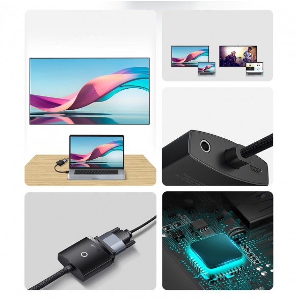 Baseus Lite Series pluggadapter HDMI till VGA + minijack 3,5 mm / micro USB strömförsörjning vit (WKQX010102)