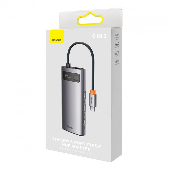 Baseus Metal Gleam 6in1 multifunktionsnav USB Typ C - USB Typ C Strömförsörjning 100 W / 2x HDMI 4K 30 Hz / 3x USB 3.2 Gen 1 grå