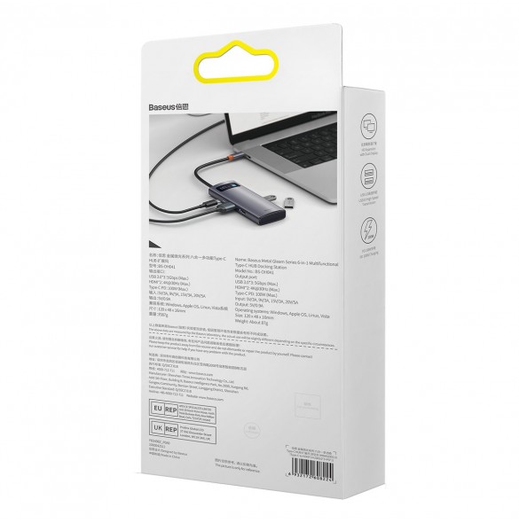 Baseus Metal Gleam 6in1 multifunktionsnav USB Typ C - USB Typ C Strömförsörjning 100 W / 2x HDMI 4K 30 Hz / 3x USB 3.2 Gen 1 grå