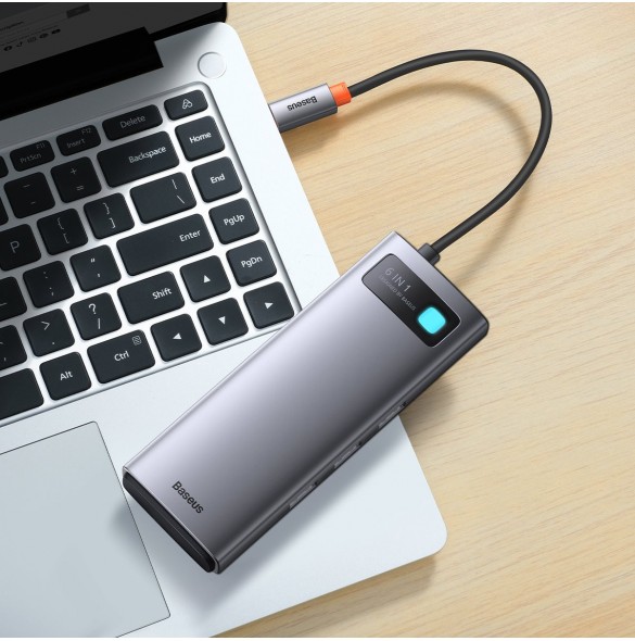 Baseus Metal Gleam 6in1 multifunktionsnav USB Typ C - USB Typ C Strömförsörjning 100 W / 2x HDMI 4K 30 Hz / 3x USB 3.2 Gen 1 grå