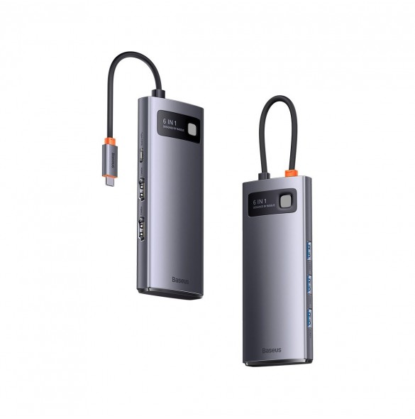 Baseus Metal Gleam 6in1 multifunktionsnav USB Typ C - USB Typ C Strömförsörjning 100 W / 2x HDMI 4K 30 Hz / 3x USB 3.2 Gen 1 grå