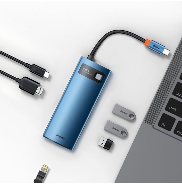 Baseus Metal Gleam 6in1 multifunktionell USB Typ C-hub - USB Typ C Strömförsörjning 100W / HDMI 4K 30Hz / 3x USB 3.2 Gen 1 / RJ4