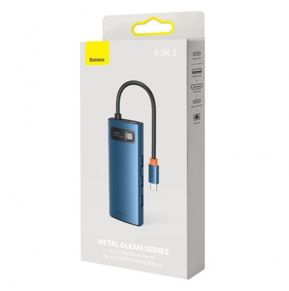 Baseus Metal Gleam 6in1 multifunktionell USB Typ C-hub - USB Typ C Strömförsörjning 100W / HDMI 4K 30Hz / 3x USB 3.2 Gen 1 / RJ4
