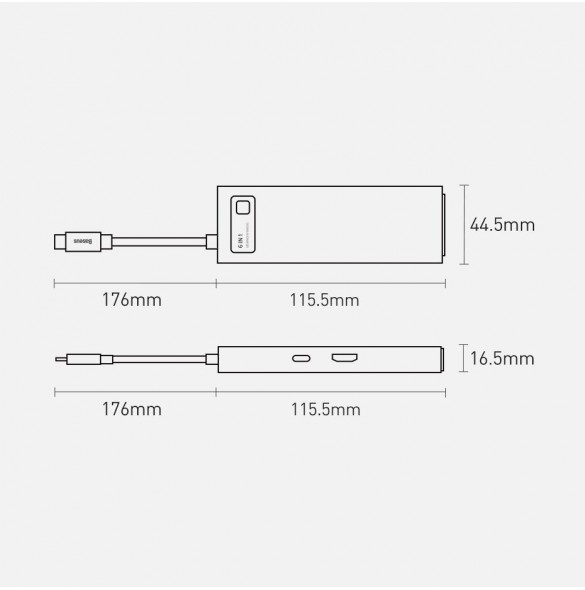 Baseus Metal Gleam 6in1 multifunktionell USB Typ C-hub - USB Typ C Strömförsörjning 100W / HDMI 4K 30Hz / 3x USB 3.2 Gen 1 / RJ4