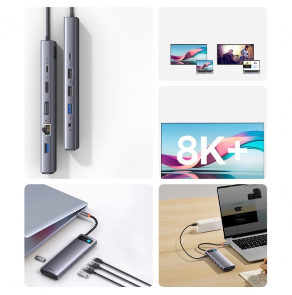 Baseus Metal Gleam multifunktionell HUB USB Typ C 12in1 HDMI / DP / USB Typ C / minijack 3,5 mm / RJ45 / SD (WKWG020213)