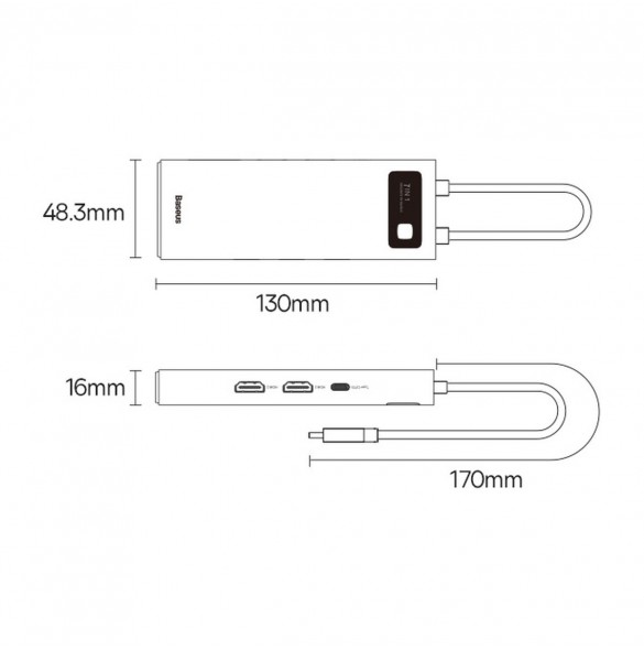 Baseus Metal Gleam Series 7-i-1 USB Typ C HUB dockningsstation - 2 x HDMI / 3 x USB 3.2 Gen. 1 / 1 x Strömförsörjning / 1 x RJ-4