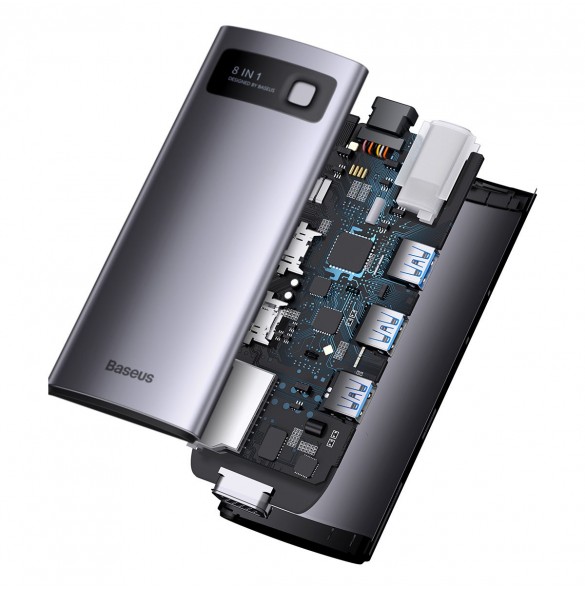 Baseus Metal Gleam Series 8 in 1 USB Typ C HUB-dockningsstation - 1 x HDMI / 3 x USB 3.2 Gen. 1 / 1 x Strömförsörjning / 1 x SD-