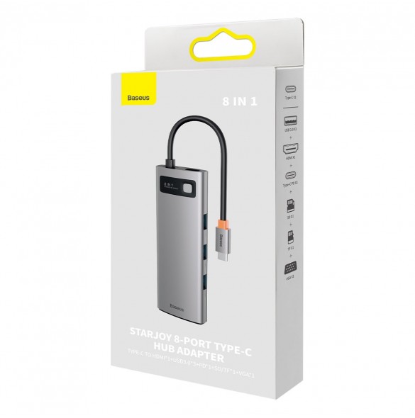 Baseus Metal Gleam Series 8 in 1 USB Typ C HUB-dockningsstation - 1 x HDMI / 3 x USB 3.2 Gen. 1 / 1 x Strömförsörjning / 1 x SD-