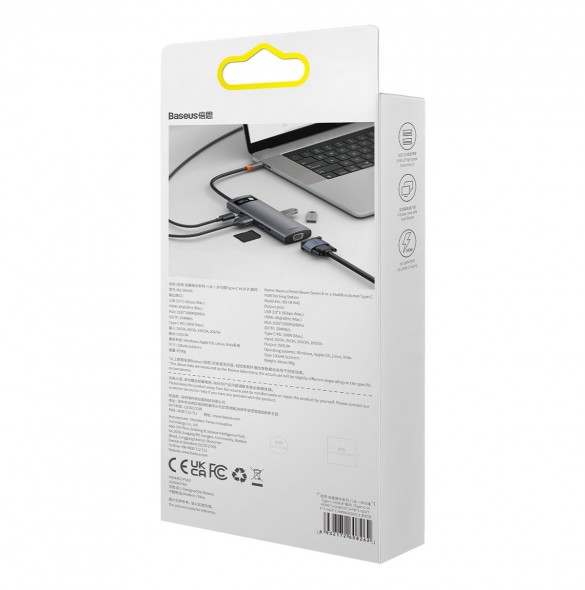 Baseus Metal Gleam Series 8 in 1 USB Typ C HUB-dockningsstation - 1 x HDMI / 3 x USB 3.2 Gen. 1 / 1 x Strömförsörjning / 1 x SD-